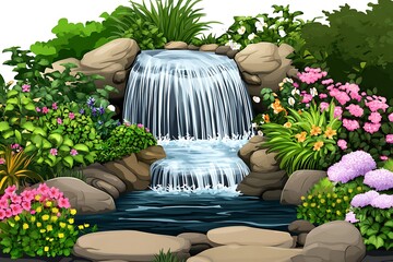 Obraz premium Serene Waterfall Oasis: Lush Floral Garden and Cascading Water Feature