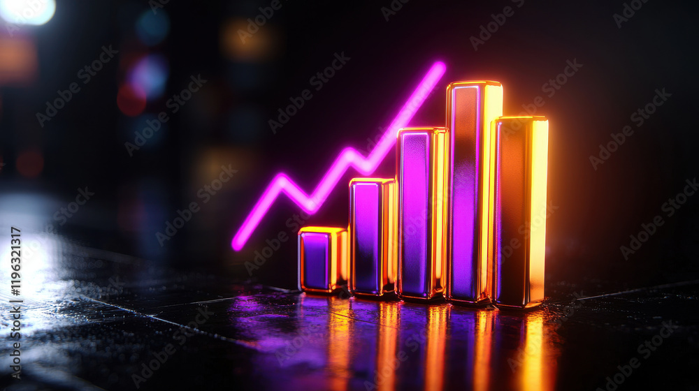 Poster dynamic bar graph representing market trends with vibrant colors and upward movement, symbolizing gr