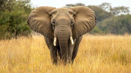 Fototapeta premium A large African elephant walking through a savannah.