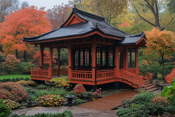 Autumnal Rain Upon a Japanese Garden Pavilion
