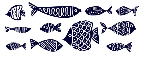 Hand Drawn Tropical Fish Cartoon Doodle Black Silhouette, Fish Clip Art and Fish Pattern Animal Background Vector 