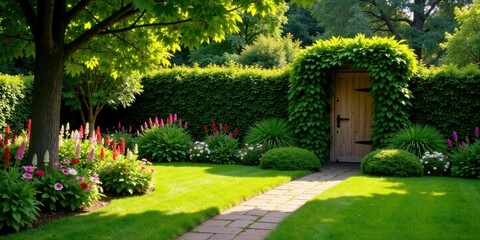 Serene Garden Path Leading to Wooden Doorway Concealed by Lush Green Foliage and Vibrant Blooming Flowers