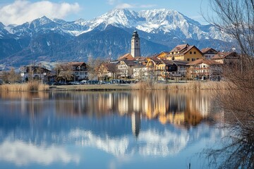 Fototapeta premium Enchanting Hall in Tyrol: Austrian Alpine Charm, Picturesque Village Scenery town photo image stock 
