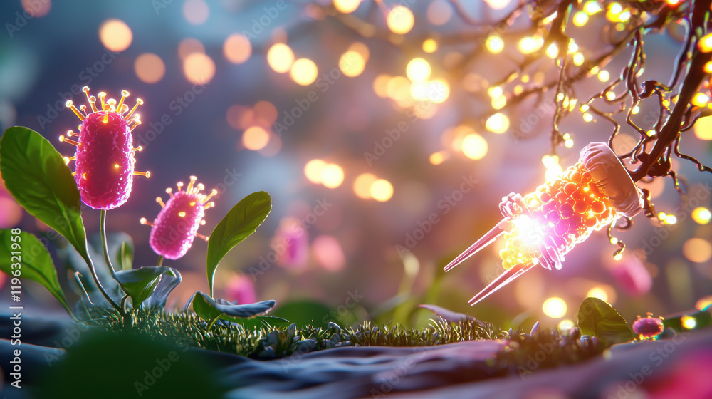 Aufkleber vibrant visualization of nanotechnology in biotechnology, featuring glowing microorganisms and intri