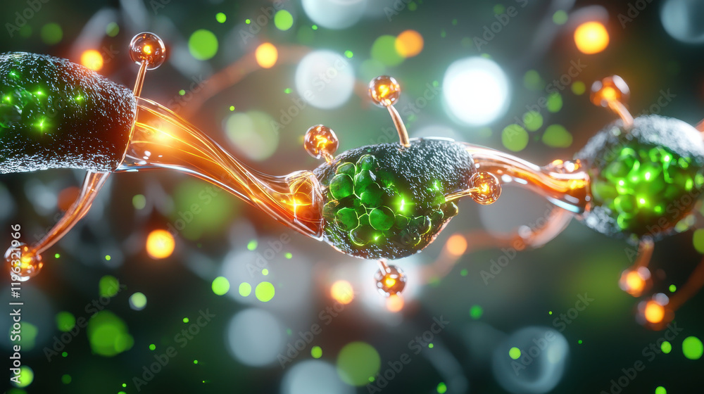 Poster conceptual visualization of nanotechnology in biotechnology, showcasing intricate structures with glowing elements and vibrant colors. This captures essence of advanced scientific innovation