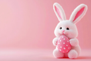Cute 3d Plush Bunny Holding Egg Pink Background Copy Space Happy Easter Concept Greeting Card