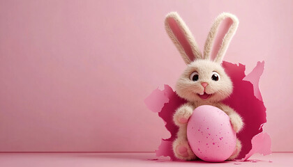 Fototapeta premium Cute 3d Plush Bunny Holding Egg Pink Background Copy Space Happy Easter Concept Greeting Card