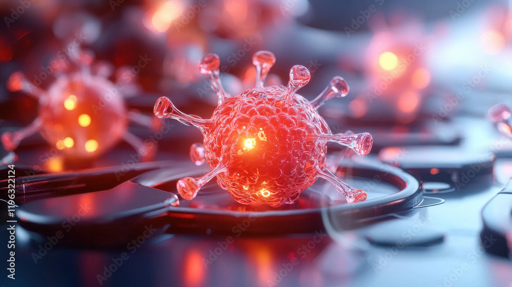 Poster detailed visualization of nanotechnology in biotechnology, showcasing vibrant red nanostructures res