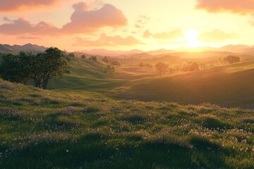 Naklejka premium Golden Sunset Hues over Wickland's Rolling Hills: A Breathtaking Panorama sky red calm dawn view 