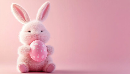 Obraz premium Cute 3d Plush Bunny Holding Egg Pink Background Copy Space Happy Easter Concept Greeting Card