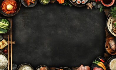 Asian cuisine border, dark background, menu template