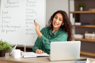 Online Foreign Languages Tutoring. Joyful lady teacher giving English class, pointing at blackboard...