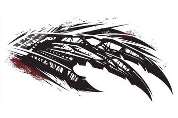 Abstract design resembling claw marks with industrial elements and splashes of color.