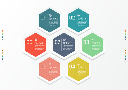 7 options business infographic template, group of seven hexagon frame in various colors, also with number and signs