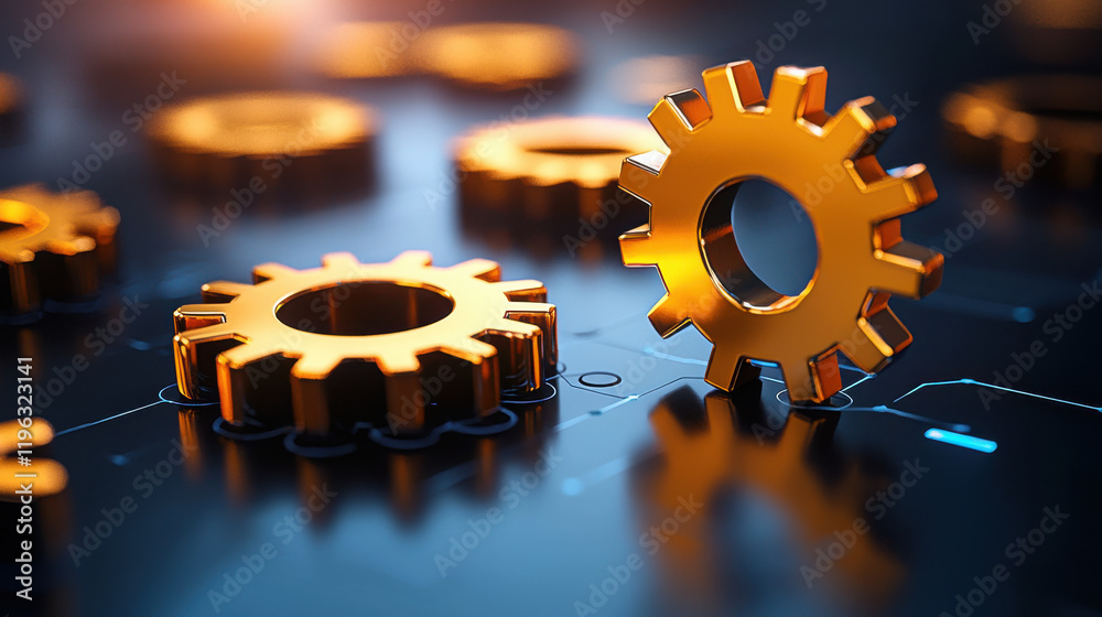 Aufkleber creative depiction of interconnected gears in futuristic setting, showcasing metallic textures and intricate designs. image conveys innovation and technology