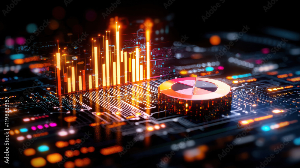 Poster creative depiction of market analysis concepts with glowing charts and data visualizations, showcasi