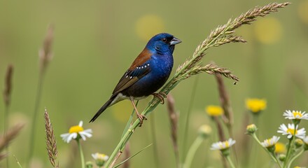 Stunning Blue Grosbeak Bird on Green Grass Vibrant Nature Photography Wildlife Image wing avian fauna scene   