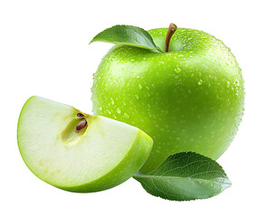 Green apple with slice and leaf png isolated on transparent background