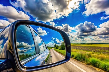 Aerial View of Car Side Mirror Reflecting Blue Sky - Stock Photo