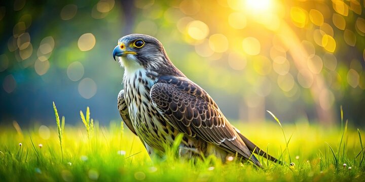 Alert Saker Falcon on Grass Field - Majestic Bird of Prey Stock Photo