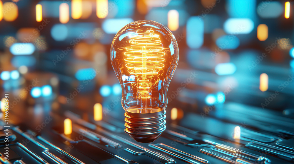 Poster creative image of light bulb surrounded by digital circuits, showcasing innovation and technology. glowing filament adds warm touch to futuristic background
