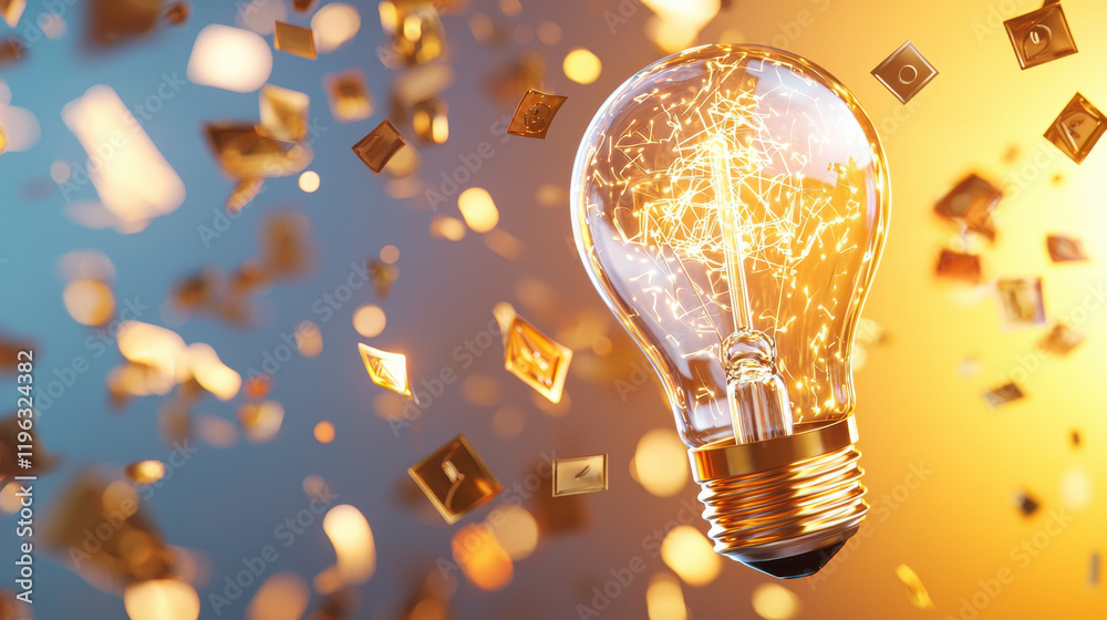 Poster creative image of light bulb surrounded by digital sparks and glowing elements, symbolizing innovati