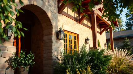 Fototapeta premium Luxury Stone House Exterior: Architectural Design and Landscaping