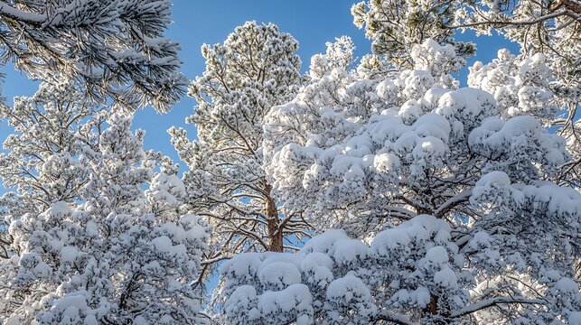 Snow-laden pine trees rise majestically under a clear blue sky, their frosty needles sparkling in the bright sunlight.