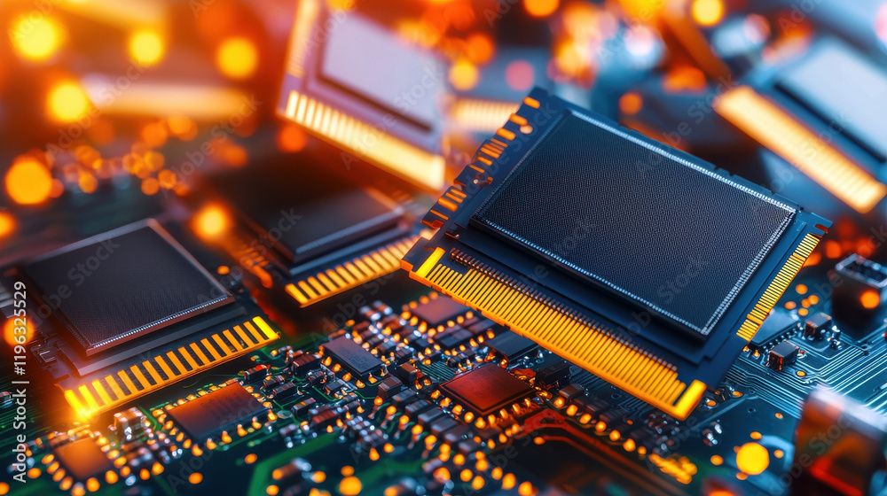 Poster High tech solid state memory modules on circuit board with glowing elements, showcasing advanced technology and innovation in electronics
