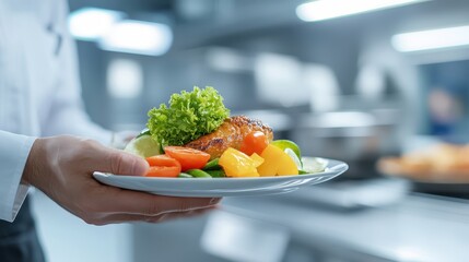 Person holding a plate of delicious food in modern kitchen setting. culinary expertise and delightful food presentation are showcased in the image.