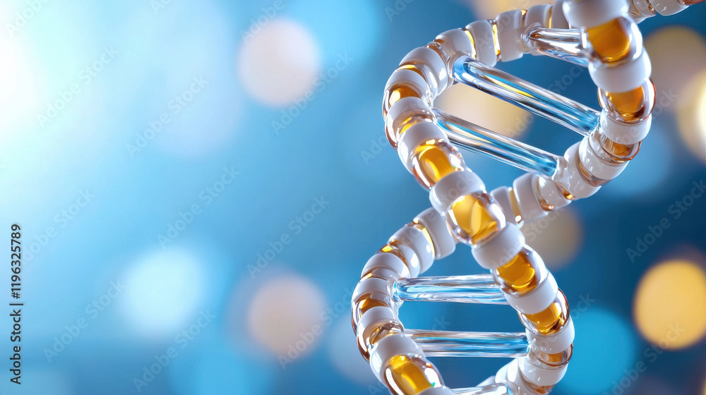 Poster creative visual of digital dna helix symbolizing life, genetics, and science. vibrant colors and blu