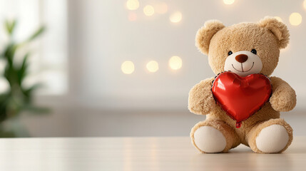 Fototapeta premium cute teddy bear holding heart shaped balloon, symbolizing love and affection. This adorable plush toy is perfect for gifts and celebrations