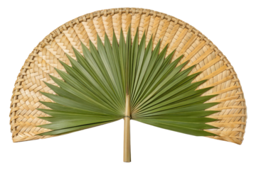 Handheld woven fan with palm leaves isolated with transparent background
