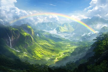 Obraz premium Rainbow's Embrace: Vibrant Arc over Lush Green Mountain Peak sky sun arch view calm hope hills image