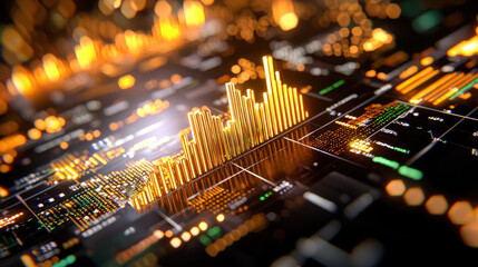 detailed artistic composition of financial metrics, showcasing vibrant data visualizations and glowing graphs that represent market trends and analytics