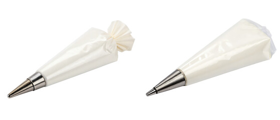 Two disposable pastry bags with metal tips isolated with transparent background