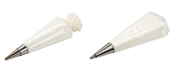 Two disposable pastry bags with metal tips isolated with transparent background