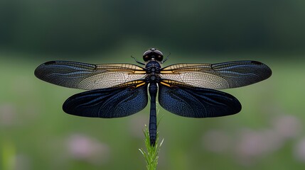 A vibrant dragonfly perched on a green blade of grass, with a blurred field of flowers in the background