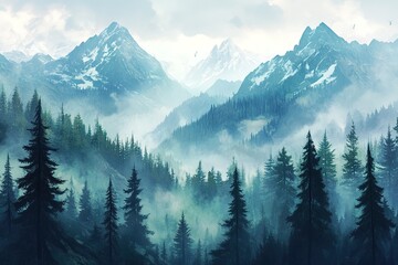 Fototapeta premium Misty Mountain Majesty: A Serene Forest Landscape, Tall Trees, Majestic Peaks, Tranquil Nature 