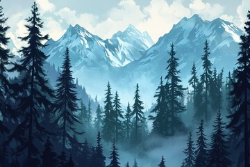 Fototapeta premium Misty Mountain Majesty: A Serene Forest Escape in the Highlands fog eco calm lush wild trees image 