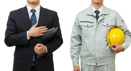 スーツを着た営業マンと作業服を着た現場監督