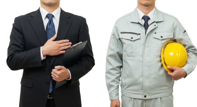 スーツを着た営業マンと作業服を着た現場監督