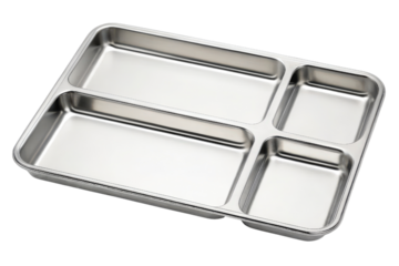 Stainless steel food tray with four sections isolated with transparent background