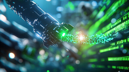 futuristic nanobot interacting with DNA strands, emitting green light amidst digital data streams. This captivating scene showcases advanced technology and molecular biology