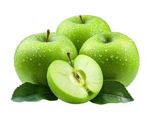 Green apples with water droplets and leaves png isolated on transparent background
