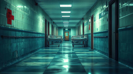 Desolate hospital hallway with empty patient beds and dim lighting, symbolizing financial struggle, closure, and healthcare challenges in modern society.