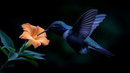 Fototapeta premium A vibrant hummingbird hovering near a bright orange flower in a lush, dark background