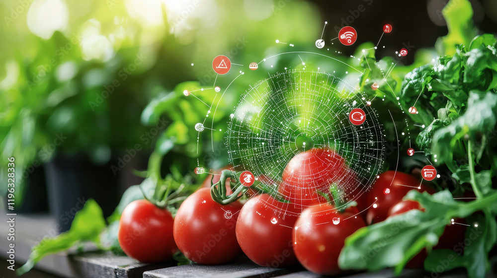 Poster fresh tomatoes with digital nutritional data overlay, showcasing healthy eating. this vibrant image 