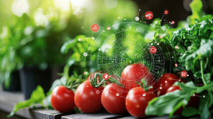 Fresh tomatoes with digital nutritional data overlay, showcasing healthy eating. This vibrant image highlights connection between technology and agriculture