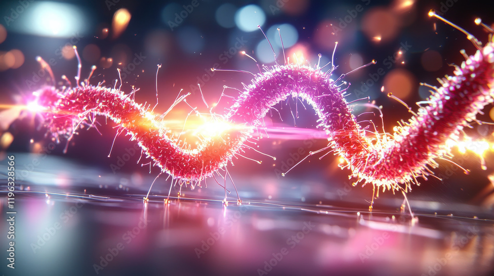 Poster dynamic 3D illustration of colorful, glowing wave like structure with microscopic details, showcasing vibrant lights and intricate patterns